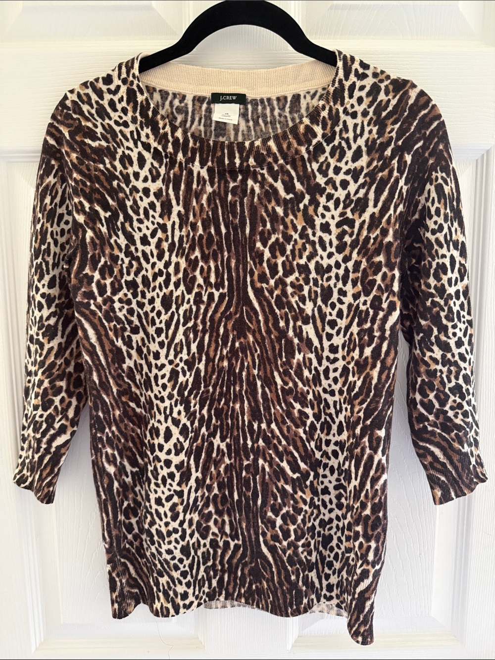 J. Crew 100% Wool Leopard Print Crewneck Sweater in Brown and Cream 3/4 Sleeve